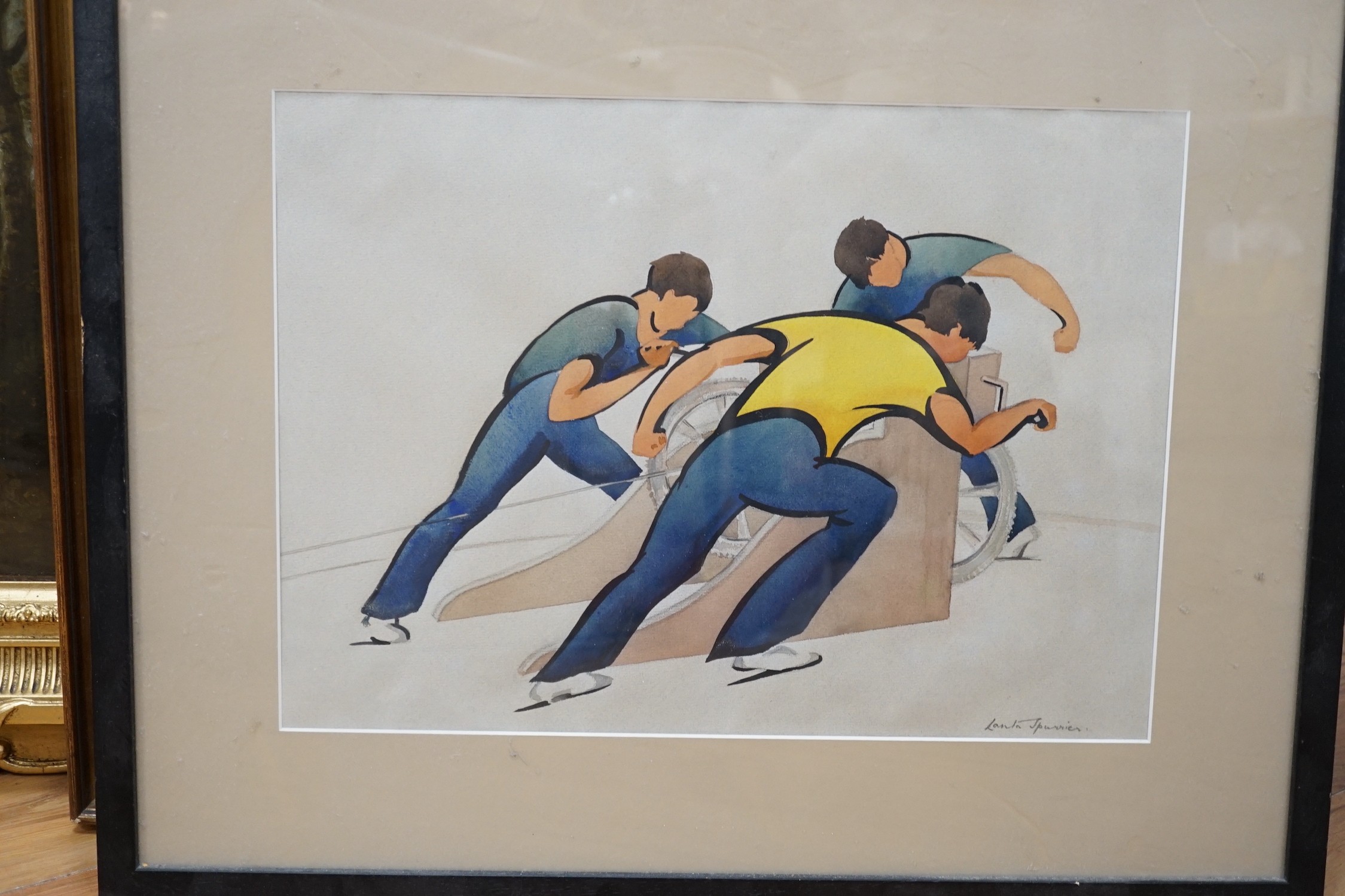 Lanta Spurier (1910-1980), watercolour and ink, Machine workers winding a winch, signed, 32 x 45cm